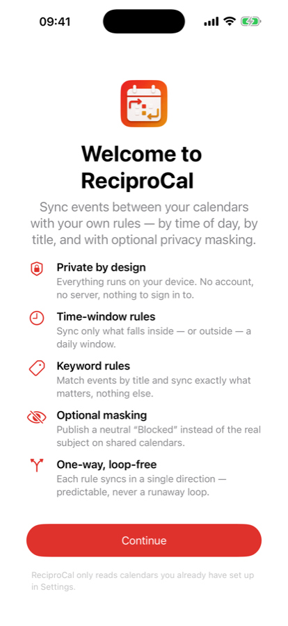 ReciproCal welcome screen